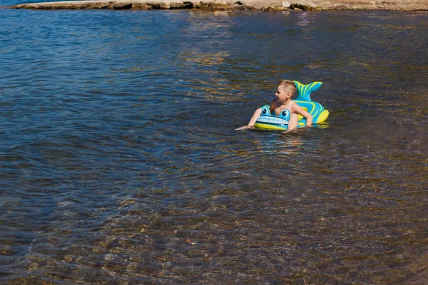Шестилетний Мальчик Плавает Детском Резиновом Матрасе Море Надувной Дельфин — стоковое фото