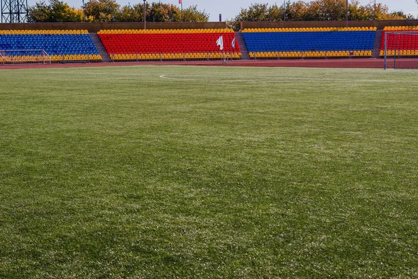緑の人工芝のあるスポーツ スタジアム — ストック写真