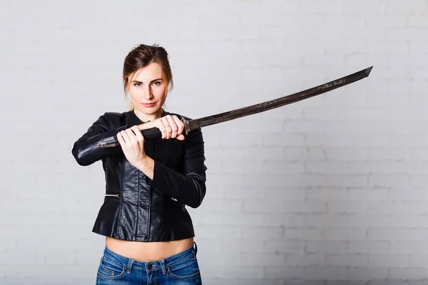 Young Woman Holding Japanese Samurai Sword White Background Martial Art — Stock Photo, Image