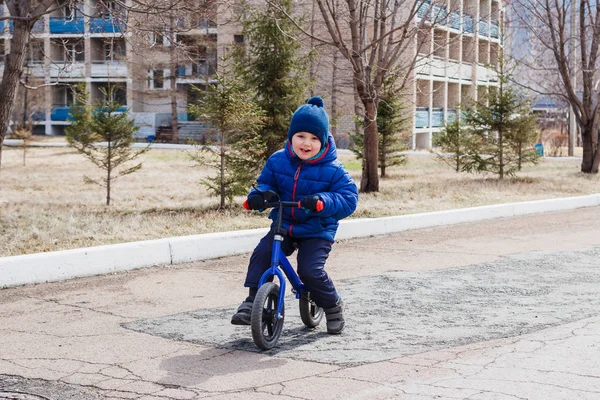 Cheerful Little Boy Warm Clothes Riding Children Running Bike Early — Stock Photo, Image
