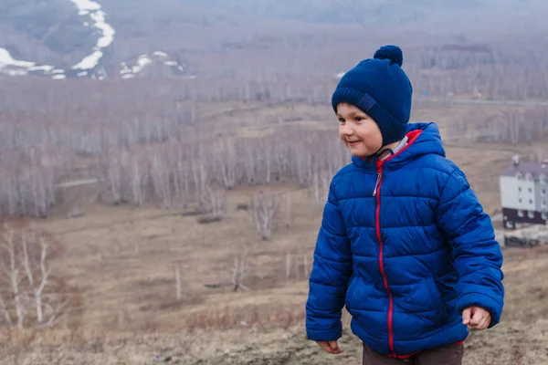 Portrait Cheerful Five Year Old Boy Warm Jacket Hat Background — Stock Photo, Image