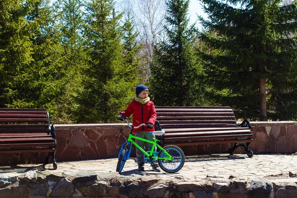 Six Year Old Boy Warm Jacket Hat Holds Two Wheeled — Stock Photo, Image