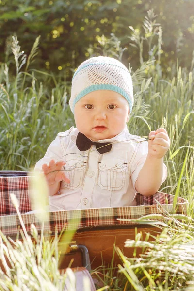 Lindo Bebé Seis Meses Edad Pajarita Sienta Una Maleta Hierba — Foto de Stock