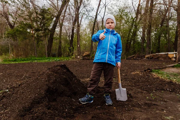 Семилетний мальчик в голубой ветровке и шляпе держит саперную лопату в саду — стоковое фото