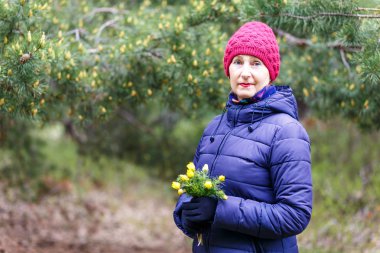 aşağı ceket ve şapka elli yaşındaki kadın çiçek Primroses tutar