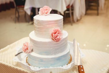 Üç katlı beyaz düğün pastası