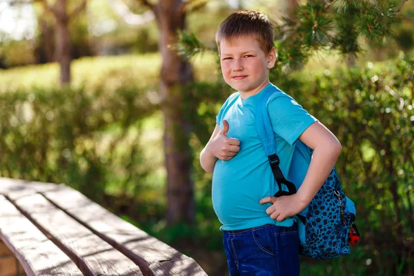 Улыбающийся школьник с рюкзаком, который показывает класс на улице — стоковое фото