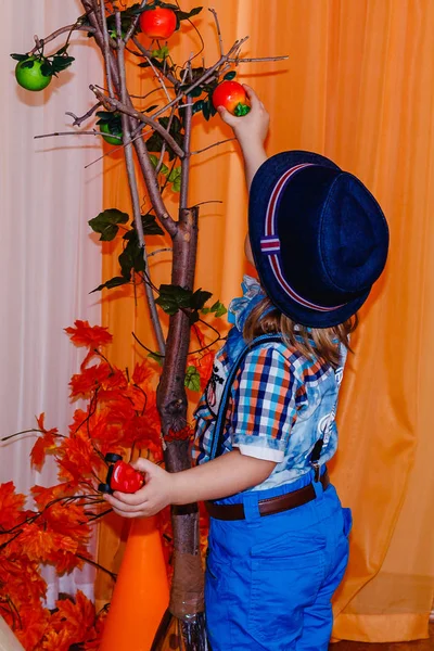 Garçon Trois Ans Maternelle Festival Tient Avec Dos Caméra — Photo