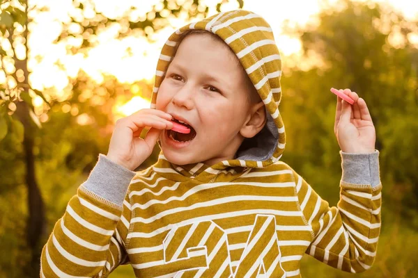 Мальчик ест печенье на открытом воздухе — стоковое фото