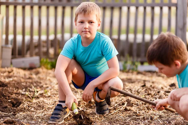 Дети в голубых рубашках играют с землей летом, маленькая железная лопата — стоковое фото