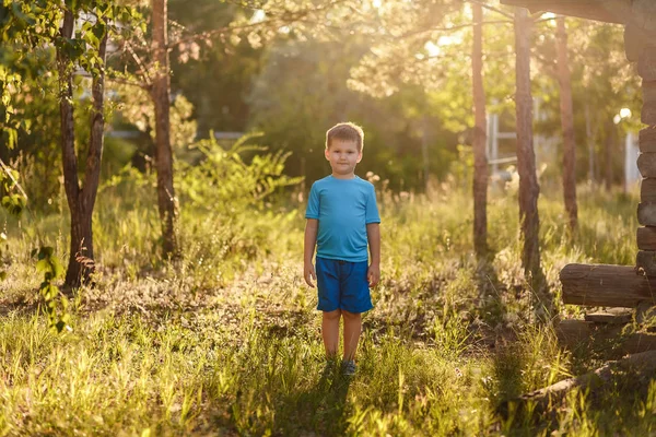 Pięcioletni kaukaski chłopiec w niebieskim t-shirt i szorty stoi w parku w tylnej światło słoneczne w lecie — Zdjęcie stockowe