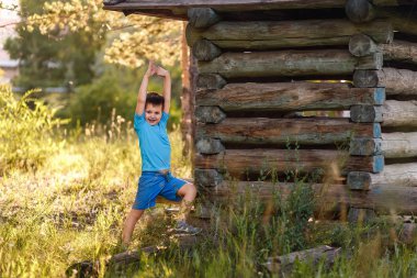 yaz aylarında arka ışıkta ahşap bir kulübenin yanında duran beş yaşındaki Beyaz çocuk gülümseyen