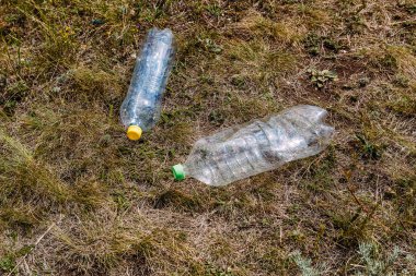 çimüzerinde yatan boş plastik şişeler