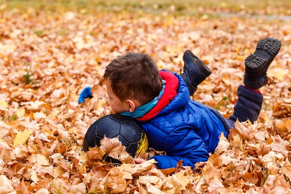 5-летний мальчик с мячом на осенних желтых листьях — стоковое фото