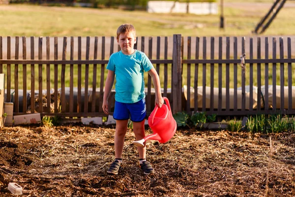 Семилетний мальчик поливает сад из детской лейки — стоковое фото