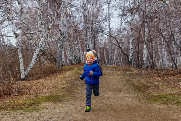 Niño alegre en una chaqueta caliente y sombrero corre a través del bosque —  Fotos de Stock