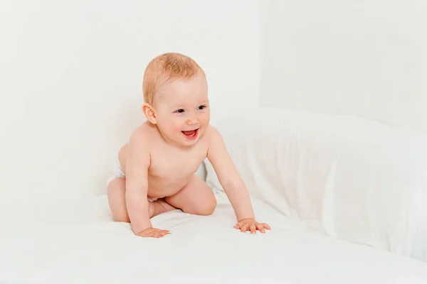 Hilarious Ten Month Old Baby Diaper Crawls Bed — Stock Photo, Image