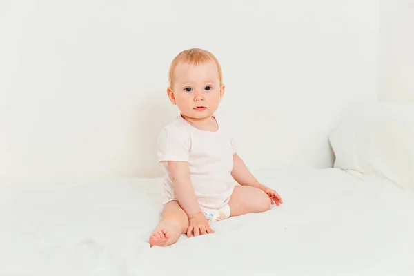 Baby Diaper Shirt Sits Bed Looks Camera — Stock Photo, Image