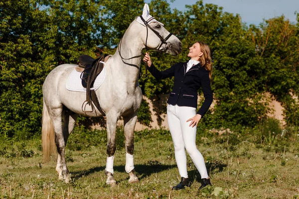 Girl Jockey Suit Beautiful Behish Horse Summer — Stock Photo, Image
