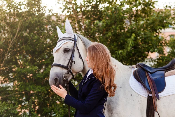 女の子のライダーは夏にカウンターの日没の光で白い馬の顔をストロークします — ストック写真