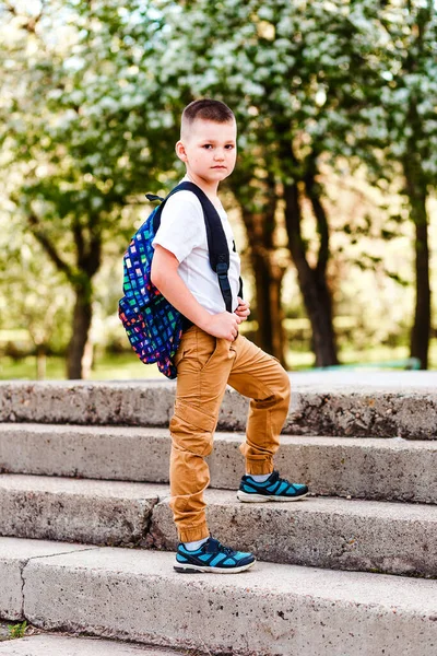 Söt Pojke Med Ryggsäck Bakom Ryggen Går Till Skolan — Stockfoto