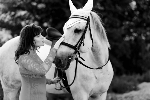 Žena Líbá Krásného Bílého Koně Černá Bílá Fota Focení Koněm — Stock fotografie