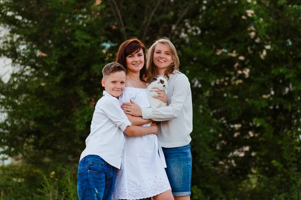 Teenage Children Hug Mother Natural Background Summer — Stock Photo, Image