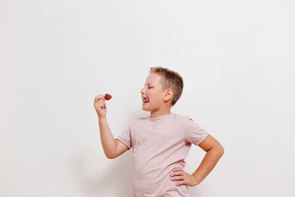 Åttaårig Pojke Slickar Innan Han Äter Jordgubbar Vit Bakgrund — Stockfoto