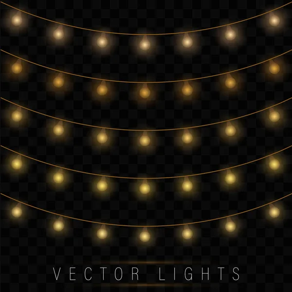 İzole gerçekçi tasarım öğeleri sarı Noel ışıkları. — Stok Vektör