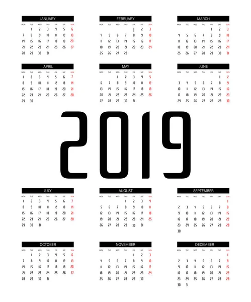 Calendar 2019 Vector — Stock Vector