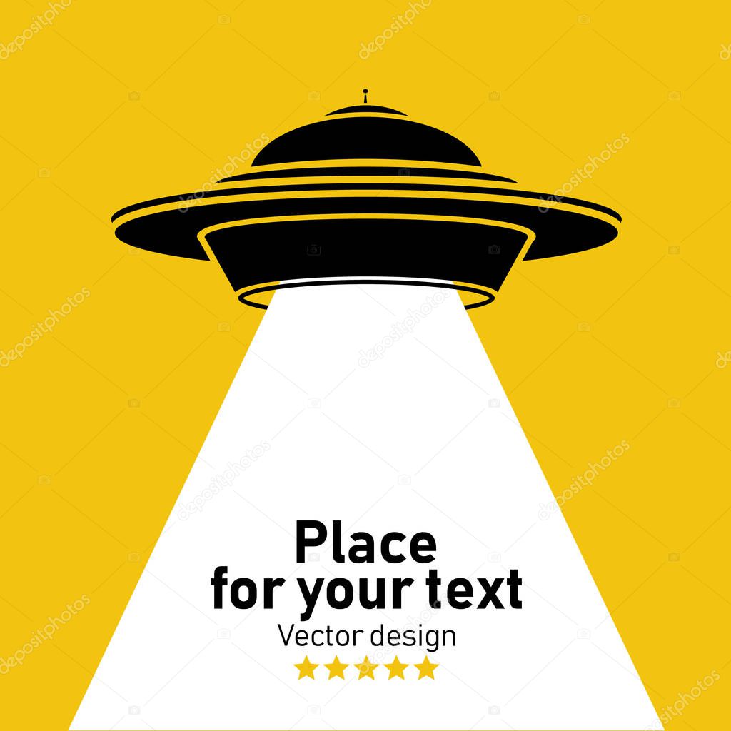 Ufo flying spaceship Flying saucer Vector Icon. An alien spaceship with a beam of light. Place for your text.