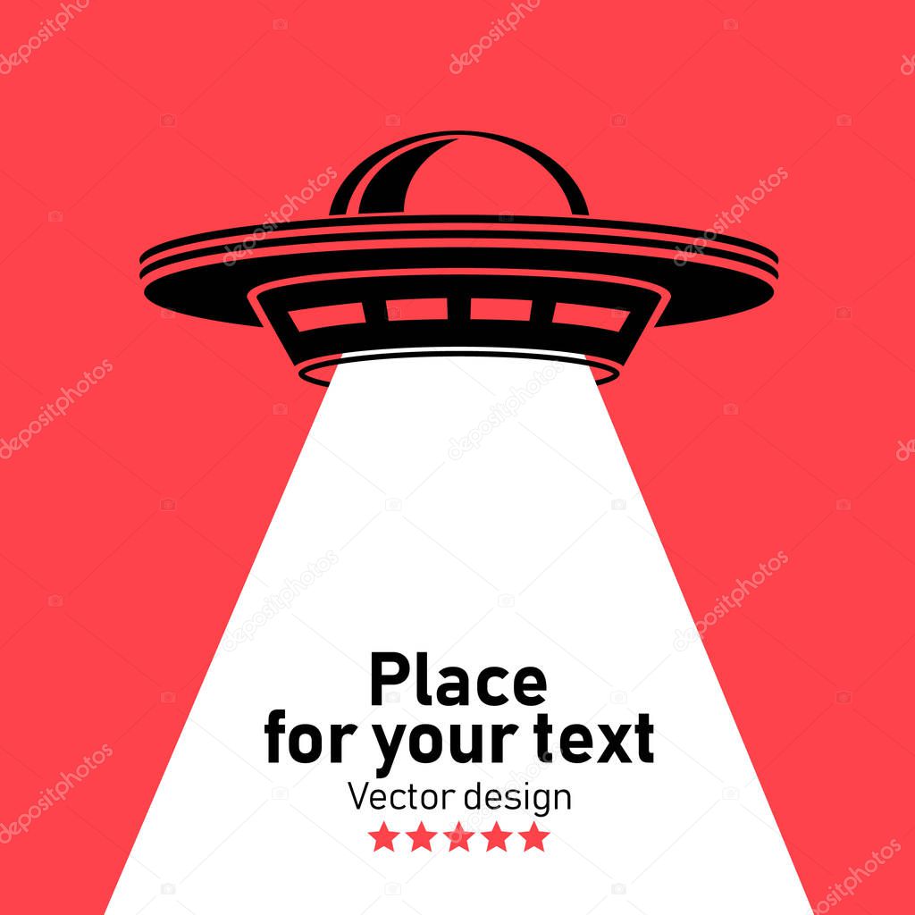 Ufo flying spaceship Flying saucer Vector Icon. An alien spaceship with a beam of light. Place for your text.