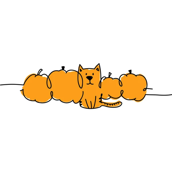 Doodle Vector Halloween Ilustración Gato Sentado Entre Calabazas — Vector de stock