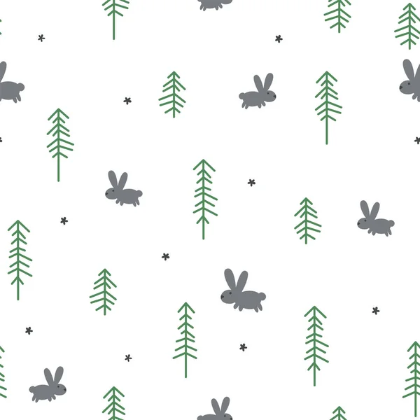向量无缝的样式与兔子和松树 — 图库矢量图片