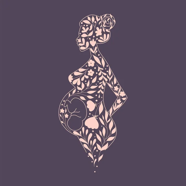 Vektorillustration Med Blommig Slhouette Gravid Kvinna — Stock vektor