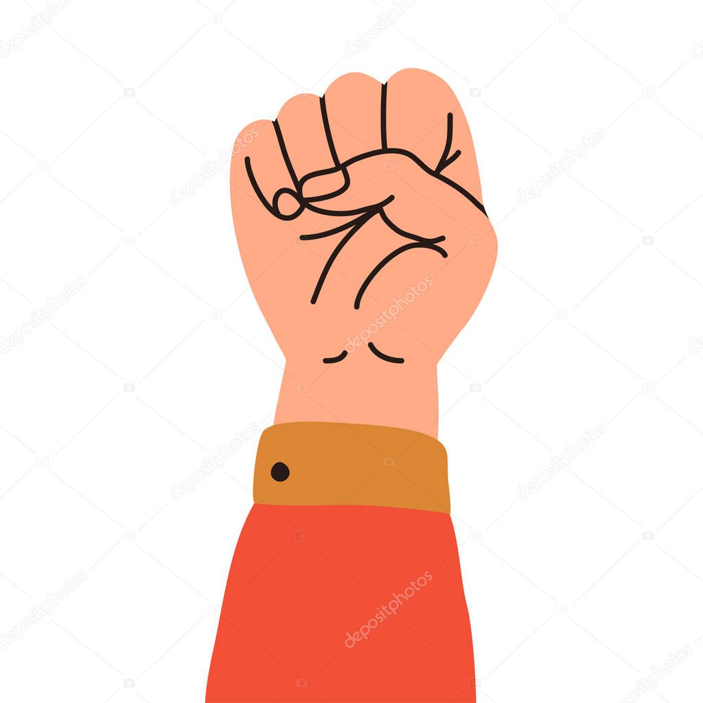 Vector cartoon illustration of a raised fist,  protest symbol. Power sign. Social activist concept. Isolated on white background.