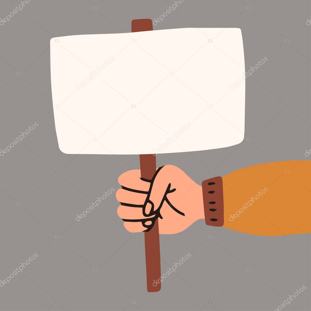 Human hands up, holding banner. Election Voting Poster. Vector cartoon flat illustration isolated 