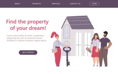 Emlakçı, yeni evin anahtarlarını genç bir çifte veriyor. Web afişi / iniş sayfası şablonu. Vektör düz resimleme