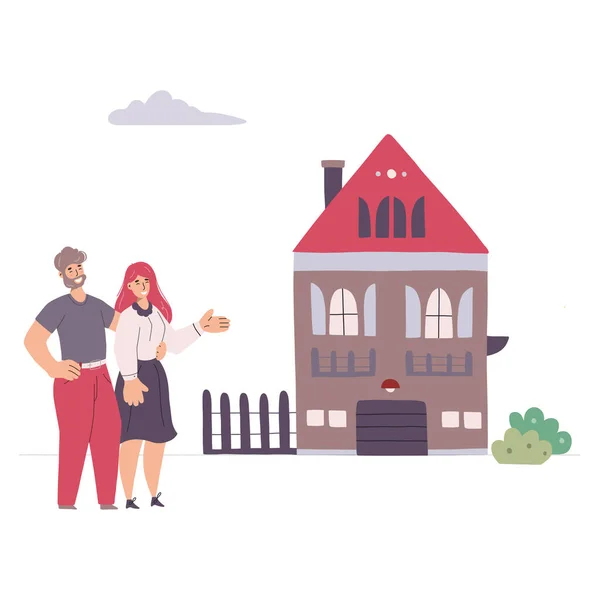 Una Pareja Comprando Alquilando Una Casa Ilustración Plana Vectorial Aislada — Vector de stock