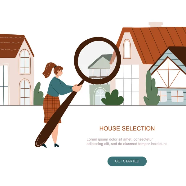 Woman Searching House Big Magnifying Glass Property Selection Concept Vector — Stock Vector