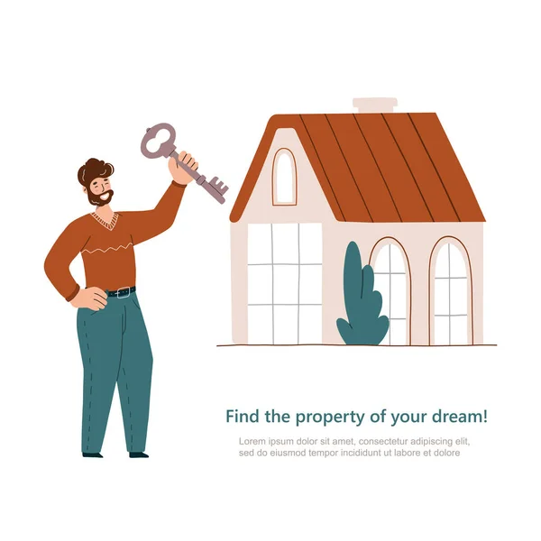 Happy Man Holding Keys His New House Vector Flat Illustration — Stock Vector