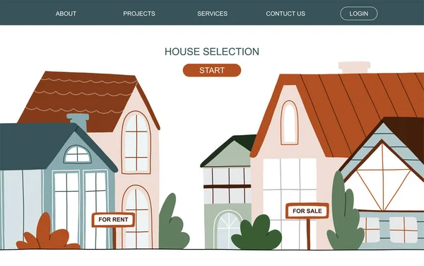 供出租或出售的房屋的矢量图 房地产登陆页 Web横幅模板 — 图库矢量图片