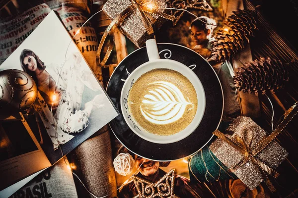 Tasse Café Sur Fond Bois Avec Décoration Noël — Photo