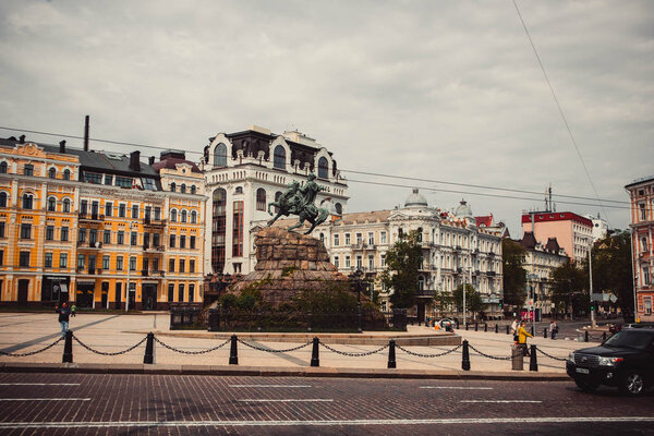 Monument of Bohdan Khmelnitsky with a mace in the center of Kiev. Ukrainian attractions in spring.