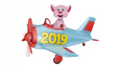 Piglet bir uçak ile beyaz bir arka plan üzerinde bir yazıt 2019.