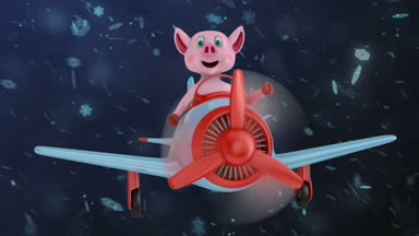 Kar taneleri, arka planı Merry Christmas yazıt ile bir düzlemde domuz.