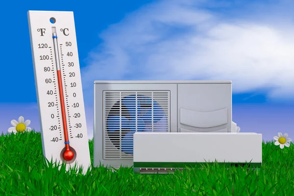 Air Conditioning Thermometer Grass Rendering — Stock Photo, Image