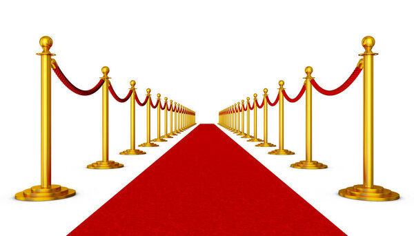Красная дорожка и столбы с красными канатами на белом фоне. 3D рендеринг
.