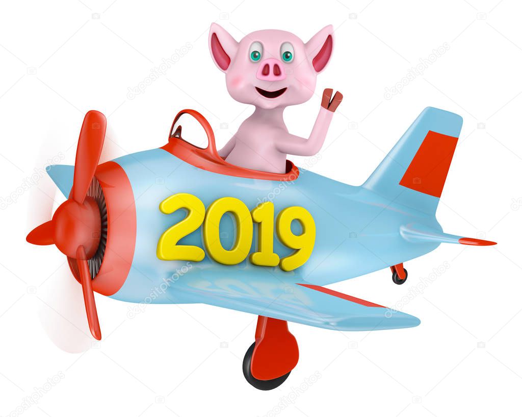 Piglet in an airplane with an inscription 2019 on a white background.