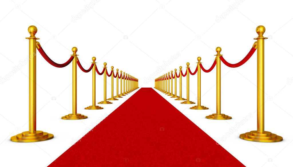 Red carpet and pillars with red ropes on a white background. 3d render.